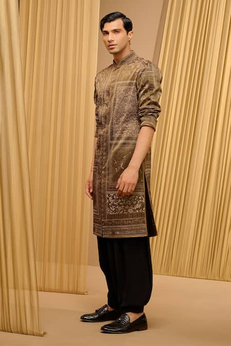 Buy_Tarun Tahiliani_Green Tissue Ggt Printed Floral Straight Kurta _Online_at_Aza_Fashions