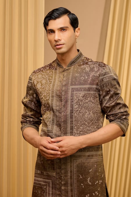 Shop_Tarun Tahiliani_Green Tissue Ggt Printed Floral Straight Kurta _Online_at_Aza_Fashions