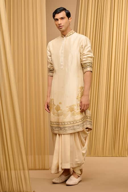 Buy_Tarun Tahiliani_Beige Silk Dupion Printed Pichwai Kurta _Online_at_Aza_Fashions