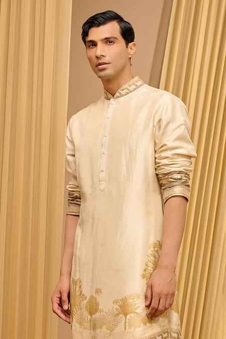 Shop_Tarun Tahiliani_Beige Silk Dupion Printed Pichwai Kurta _Online_at_Aza_Fashions