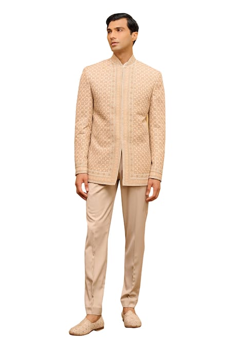 Tarun Tahiliani_Ivory Silk Double Ggt Embroidered Chikankari Bandhgala Set _Online_at_Aza_Fashions