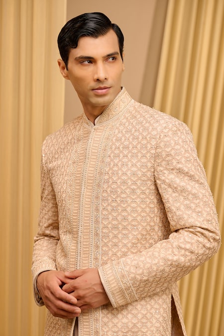 Shop_Tarun Tahiliani_Ivory Silk Double Ggt Embroidered Chikankari Bandhgala Set _Online_at_Aza_Fashions