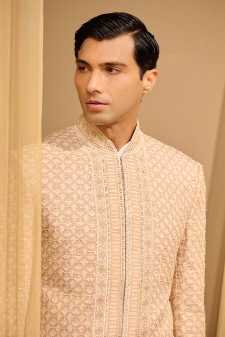 Buy_Tarun Tahiliani_Ivory Silk Double Ggt Embroidered Chikankari Bandhgala Set 