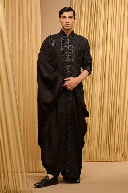 Tarun Tahiliani Black Silk Double Ggt Embroidered Tonal Diamonds Sequin Textured Kurta Set 