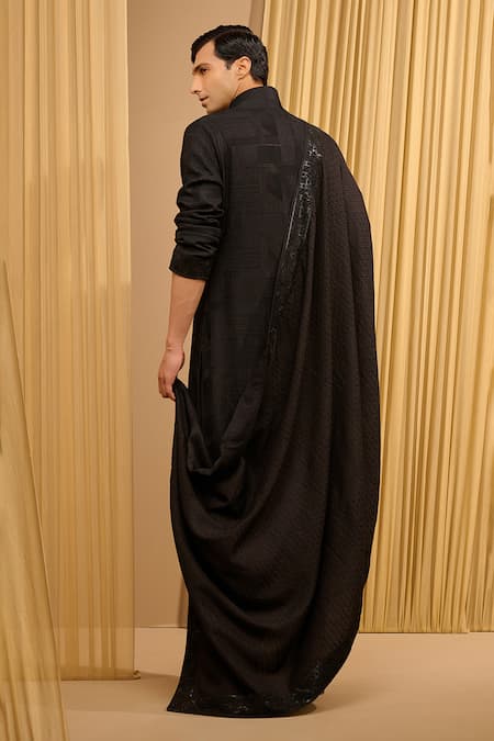 Shop_Tarun Tahiliani_Black Silk Double Ggt Embroidered Tonal Diamonds Sequin Textured Kurta Set _at_Aza_Fashions