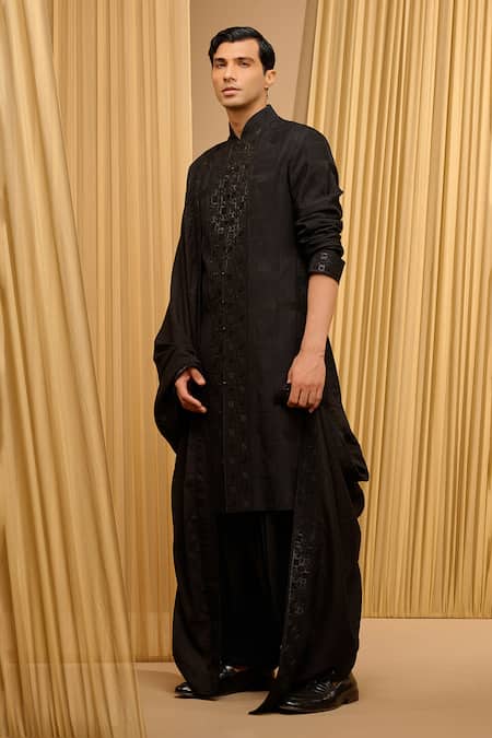 Buy_Tarun Tahiliani_Black Silk Double Ggt Embroidered Tonal Diamonds Sequin Textured Kurta Set _Online_at_Aza_Fashions