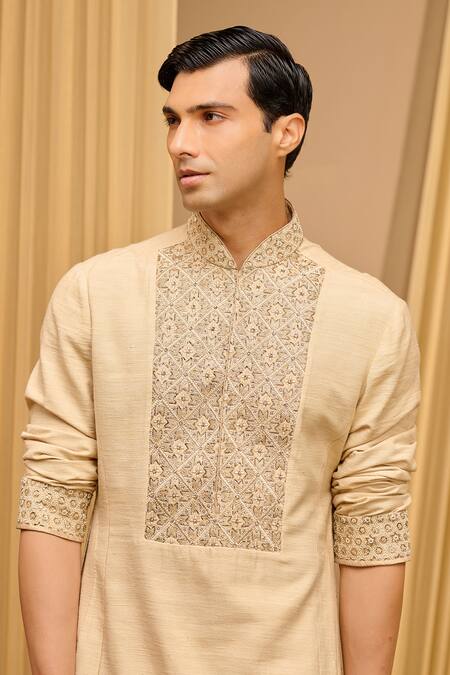 Tarun Tahiliani_Beige Silk Double Ggt Embroidered Thread Work Kurta And Draped Dhoti Pant Set _at_Aza_Fashions