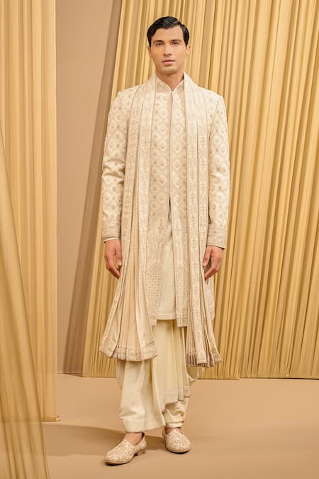 Tarun Tahiliani Ivory Double Ggt Printed Thread Mughal Jaal Embroidered Sherwani Set 