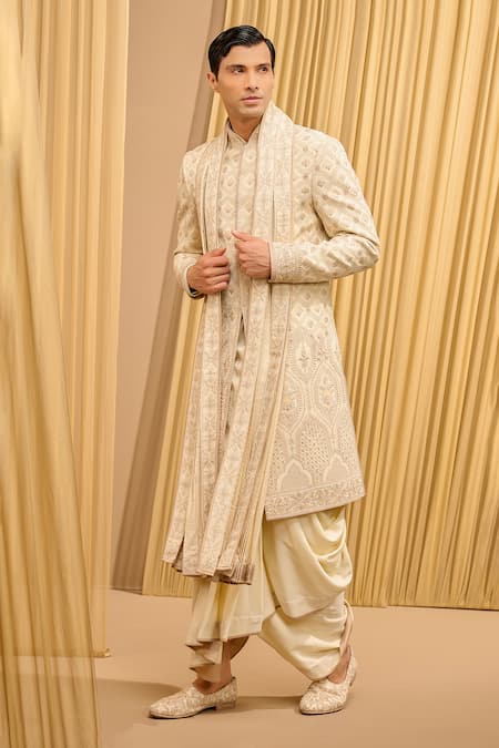 Tarun Tahiliani_Ivory Double Ggt Printed Thread Mughal Jaal Embroidered Sherwani Set _Online_at_Aza_Fashions