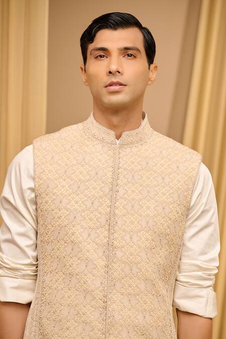 Buy_Tarun Tahiliani_Ivory Double Ggt Printed Thread Work Chikankari Waistcoat _Online_at_Aza_Fashions