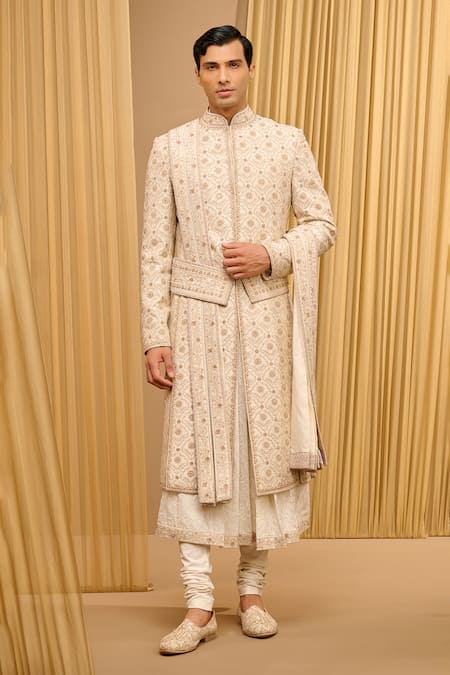 Tarun Tahiliani Ivory Raw Silk Hand Embroidered Gold Zari Sherwani Set 