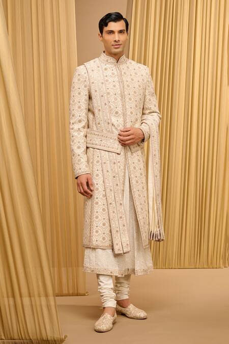 Tarun Tahiliani_Ivory Silk, Poplin, Cotton Sequins, Zari, Embroidery Hand Sherwani Set _Online_at_Aza_Fashions