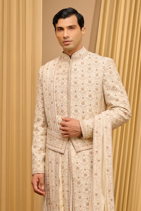 Buy_Tarun Tahiliani_Ivory Silk, Poplin, Cotton Sequins, Zari, Embroidery Hand Sherwani Set _Online_at_Aza_Fashions