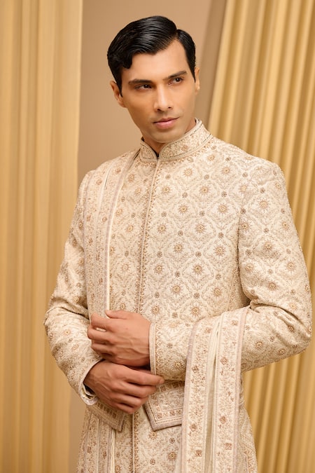 Shop_Tarun Tahiliani_Ivory Silk, Poplin, Cotton Sequins, Zari, Embroidery Hand Sherwani Set _Online_at_Aza_Fashions
