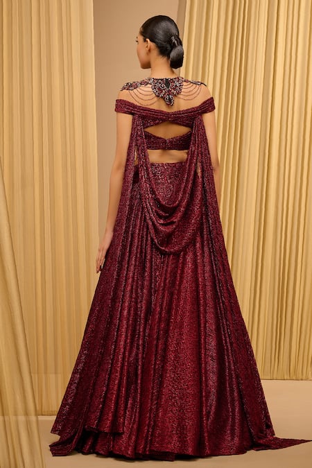 Buy_Tarun Tahiliani_Wine Crepe Sequins Off-shoulder Crinkle Draped Lehenga And Off Blouse Set _Online_at_Aza_Fashions