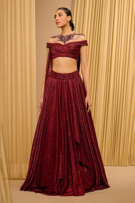 Shop_Tarun Tahiliani_Wine Crepe Sequins Off-shoulder Crinkle Draped Lehenga And Off Blouse Set _Online_at_Aza_Fashions