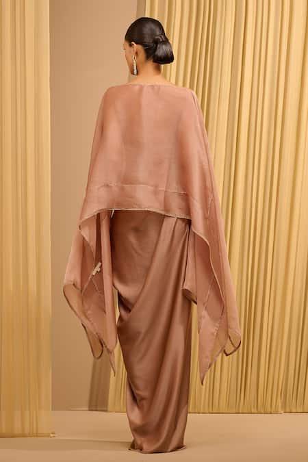 Tarun Tahiliani Mocha Draped Kaftan & Skirt Set 
