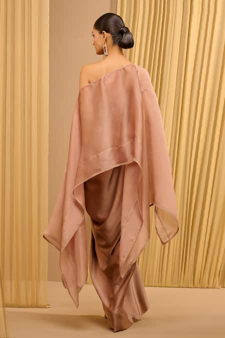Tarun Tahiliani Beige Square Neck Mocha Draped Kaftan And Skirt Set Online at Aza Fashions Tarun Tahiliani_Beige Square Neck Mocha Draped Kaftan And Skirt Set _Online_at_Aza_Fashions