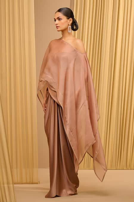 Tarun Tahiliani Beige Square Neck Mocha Draped Kaftan And Skirt Set at Aza Fashions Tarun Tahiliani_Beige Square Neck Mocha Draped Kaftan And Skirt Set _at_Aza_Fashions