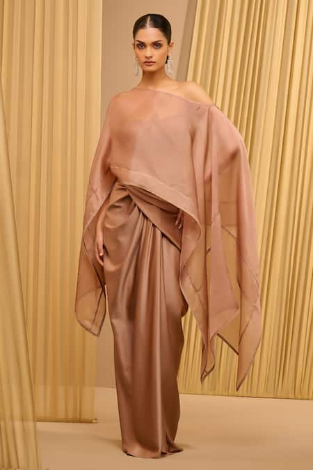 Buy Tarun Tahiliani Beige Square Neck Mocha Draped Kaftan And Skirt Set Buy_Tarun Tahiliani_Beige Square Neck Mocha Draped Kaftan And Skirt Set