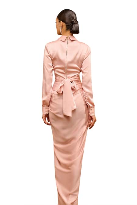 Buy_Tarun Tahiliani_Pink Satin Brooches Collared Wrap-around Draped Top And Skirt Co-ord Set _Online_at_Aza_Fashions
