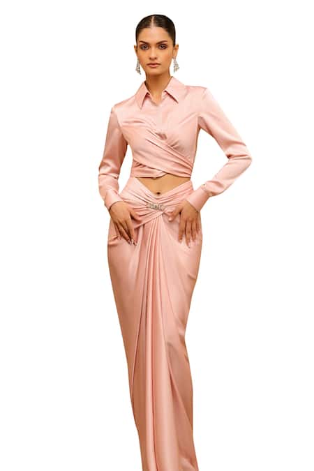 Buy_Tarun Tahiliani_Pink Satin Brooches Collared Wrap-around Draped Top And Skirt Co-ord Set 