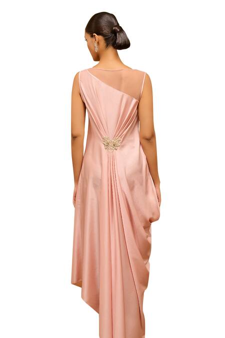 Tarun Tahiliani_Pink Satin Embroidery, Beads Boat Neck Draped Dress _Online_at_Aza_Fashions
