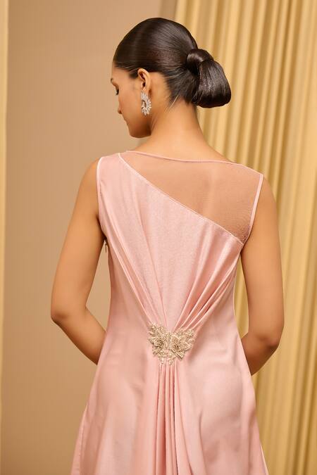 Buy_Tarun Tahiliani_Pink Satin Embroidery, Beads Boat Neck Draped Dress _Online_at_Aza_Fashions