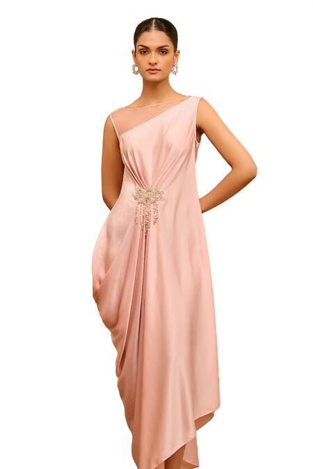 Buy_Tarun Tahiliani_Pink Satin Embroidery, Beads Boat Neck Draped Dress 