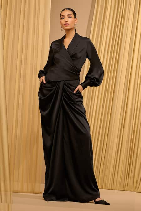 Tarun Tahiliani_Black Satin Solid Lapel Wrap-around Draped Top _Online_at_Aza_Fashions