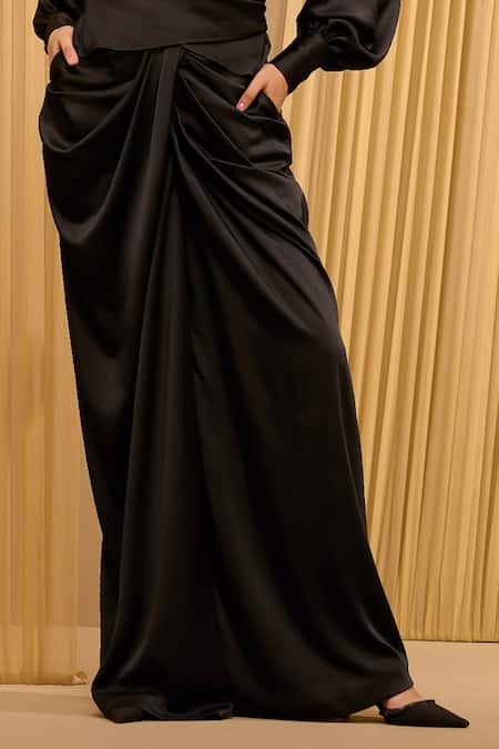 Shop_Tarun Tahiliani_Black Satin Solid Lapel Wrap-around Draped Top _Online_at_Aza_Fashions