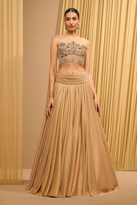 Tarun Tahiliani Gold Lehenga Tulle Embellished Crystal Illusion Round Crinkle With Blouse 