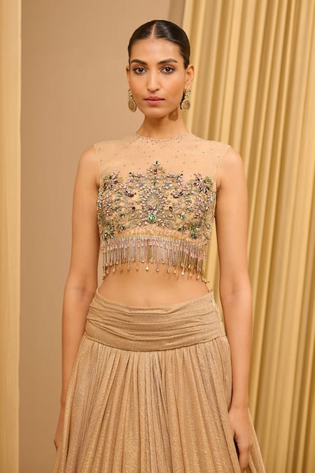 Tarun Tahiliani_Gold Tulle, Crepe Crystals, Beads, Crinkle Lehenga With Embellished Blouse _Online_at_Aza_Fashions