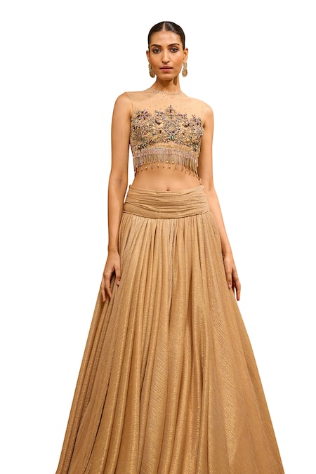 Buy_Tarun Tahiliani_Gold Tulle, Crepe Crystals, Beads, Crinkle Lehenga With Embellished Blouse _Online_at_Aza_Fashions
