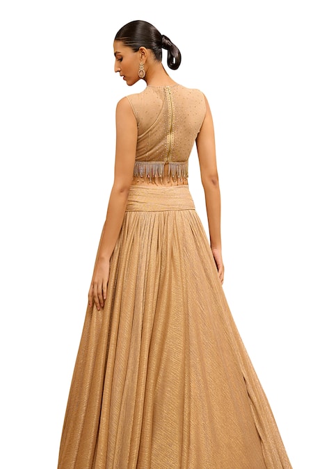 Buy_Tarun Tahiliani_Gold Tulle, Crepe Crystals, Beads, Crinkle Lehenga With Embellished Blouse 
