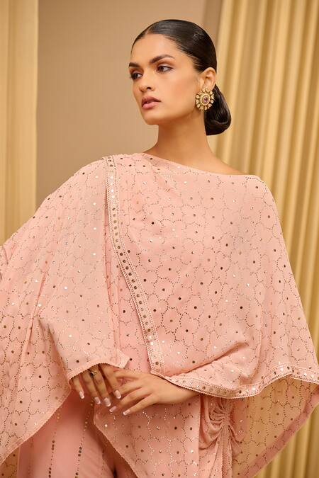 Tarun Tahiliani_Rose Gold Silk Georgette Embroidered Mukaish Boat Kaftan And Trouser Set _at_Aza_Fashions