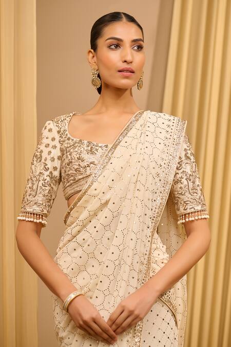 Tarun Tahiliani_Gold Silk, Georgette Embroidery, Mirrors Mukaish Draped Saree With Floral Blouse _Online_at_Aza_Fashions