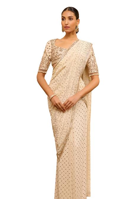 Shop Tarun Tahiliani Gold Silk, Georgette Embroidery, Mirrors Mukaish Draped Saree With Floral Blouse Online at Aza Fashions Shop_Tarun Tahiliani_Gold Silk, Georgette Embroidery, Mirrors Mukaish Draped Saree With Floral Blouse _Online_at_Aza_Fashions