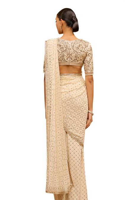 Buy Tarun Tahiliani Gold Silk, Georgette Embroidery, Mirrors Mukaish Draped Saree With Floral Blouse Buy_Tarun Tahiliani_Gold Silk, Georgette Embroidery, Mirrors Mukaish Draped Saree With Floral Blouse