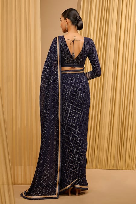 Shop_Tarun Tahiliani_Blue Silk, Georgette Embroidery, Mirrors V-neck Mukaish Saree With Blouse _at_Aza_Fashions