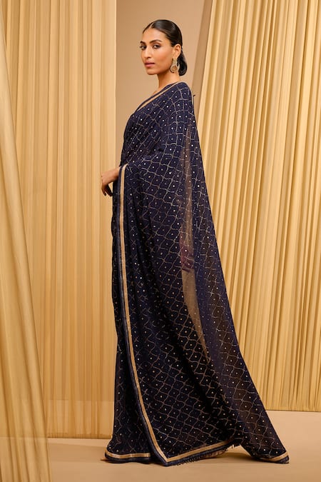 Tarun Tahiliani_Blue Silk, Georgette Embroidery, Mirrors V-neck Mukaish Saree With Blouse _Online_at_Aza_Fashions