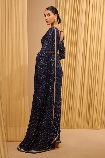 Shop_Tarun Tahiliani_Blue Silk, Georgette Embroidery, Mirrors V-neck Mukaish Saree With Blouse _Online_at_Aza_Fashions