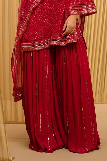 Tarun Tahiliani_Wine Silk, Georgette, Tulle Mirrors, Embroidery Mukaish Work Sharara Drape Set _Online_at_Aza_Fashions