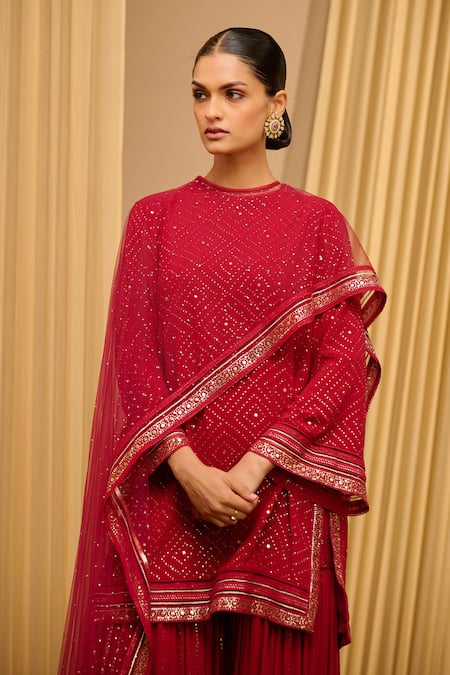 Buy_Tarun Tahiliani_Wine Silk, Georgette, Tulle Mirrors, Embroidery Mukaish Work Sharara Drape Set _Online_at_Aza_Fashions
