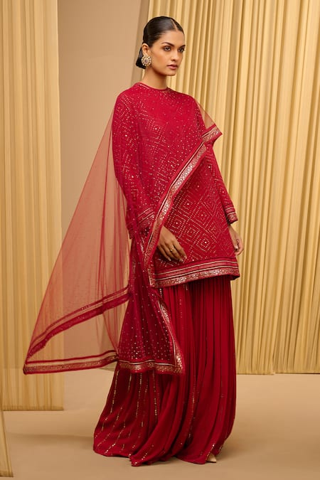 Shop_Tarun Tahiliani_Wine Silk, Georgette, Tulle Mirrors, Embroidery Mukaish Work Sharara Drape Set _Online_at_Aza_Fashions