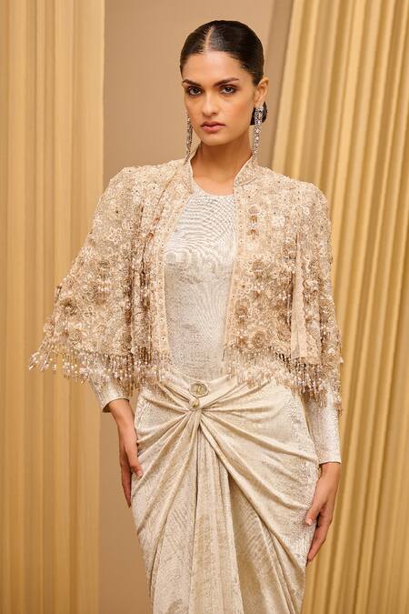 Buy_Tarun Tahiliani_Ivory Tulle Hand Embroidered Pearl Stand Collar Cropped Cape _Online_at_Aza_Fashions