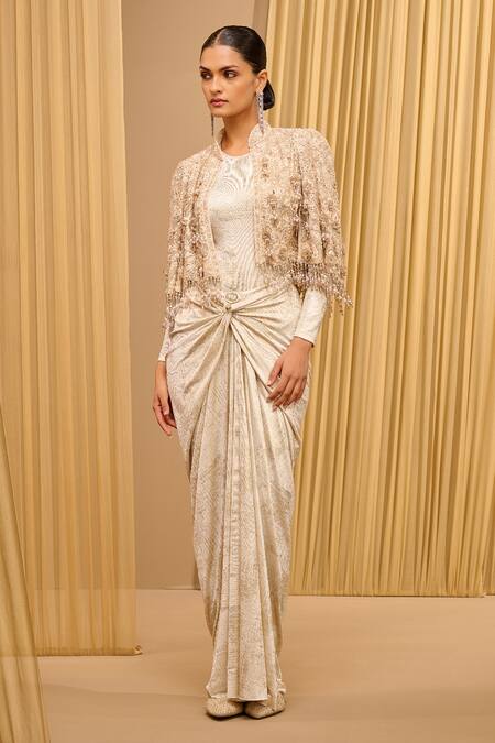 Tarun Tahiliani_Ivory Tulle Hand Embroidered Pearl Stand Collar Cropped Cape _at_Aza_Fashions