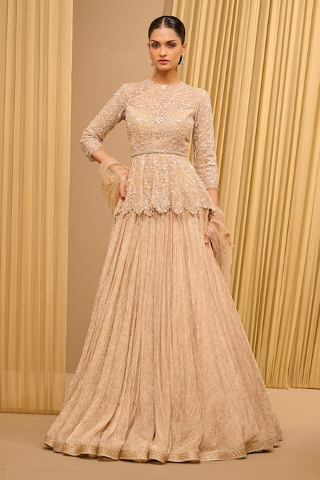 Tarun Tahiliani Crushed Lehenga Embroidered Peplum Top Set 