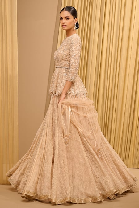 Tarun Tahiliani Ivory Tulle Gota Patti, Embroidery Round Neck Crushed Lehenga Peplum Top Set Online at Aza Fashions Tarun Tahiliani_Ivory Tulle Gota Patti, Embroidery Round Neck Crushed Lehenga Peplum Top Set _Online_at_Aza_Fashions