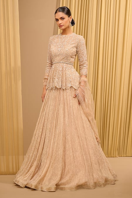Tarun Tahiliani Ivory Tulle Gota Patti, Embroidery Round Neck Crushed Lehenga Peplum Top Set at Aza Fashions Tarun Tahiliani_Ivory Tulle Gota Patti, Embroidery Round Neck Crushed Lehenga Peplum Top Set _at_Aza_Fashions